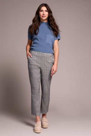 Plaid Bengaline Stretch Pull-On Kickflare Pants-Mistblue