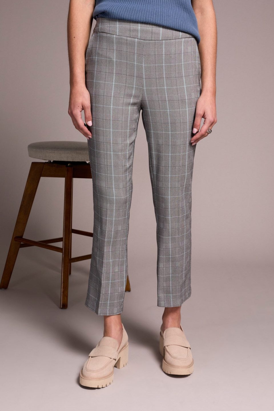 Plaid Bengaline Stretch Pull-On Kickflare Pants-Mistblue