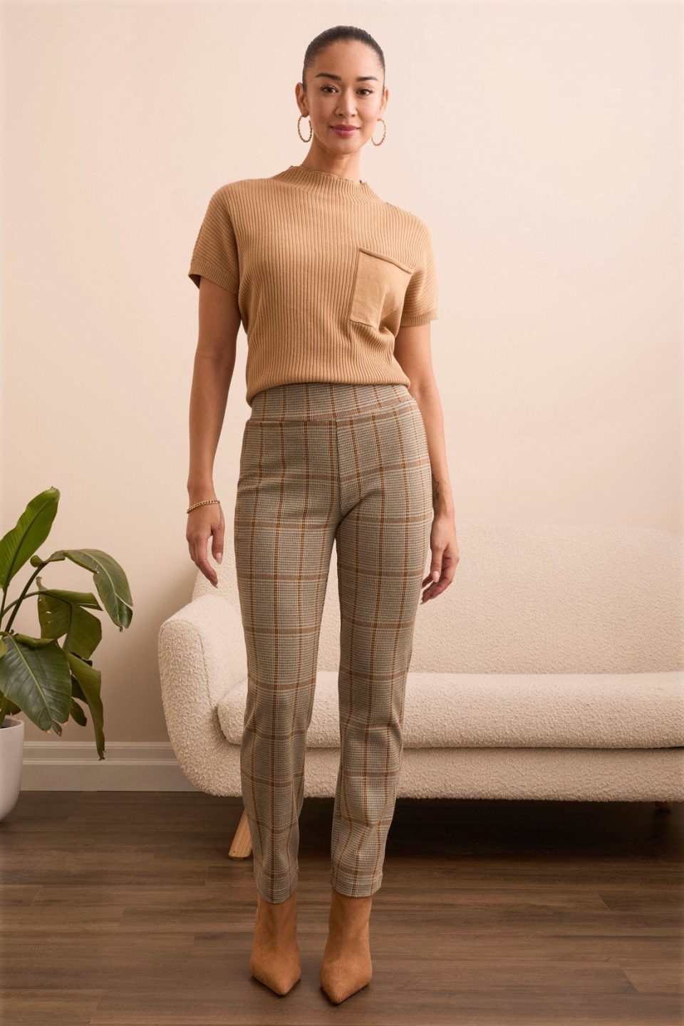 Plaid Knit Ponte Pull-On Ankle Pant-Icelatte
