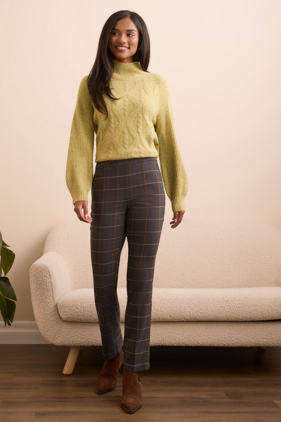 Bengaline Stretch Flatten It® Plaid Pull-On Pant-Black