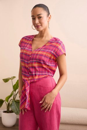 Plaid Tie-Hem Button-Front Blouse-Veryberry