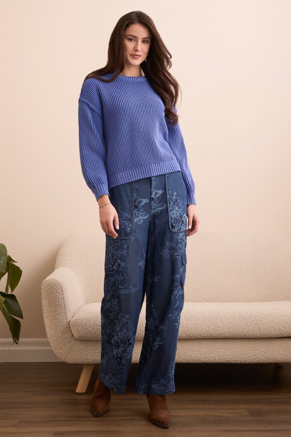 Plaited Chenille Crew Neck Ribbed Sweater-Blueviolet