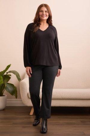 Pleat-Accent Long-Sleeve V-Neck Top-Black