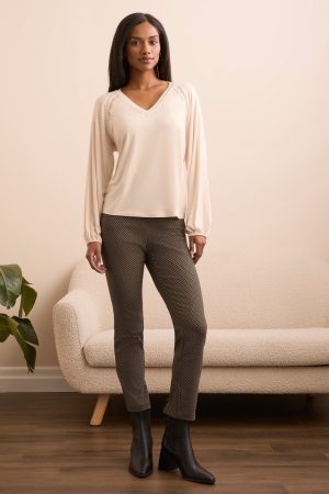 Pleat-Accent Long-Sleeve V-Neck Top-Moonstone