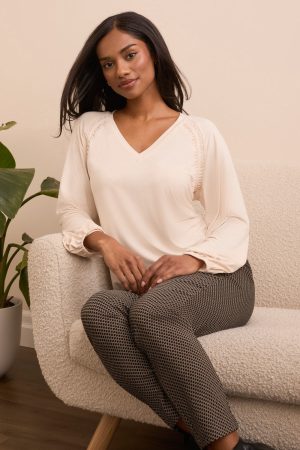 Pleat-Accent Long-Sleeve V-Neck Top-Moonstone