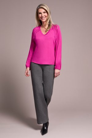 Pleat-Accent Long-Sleeve V-Neck Top-Pink flambe