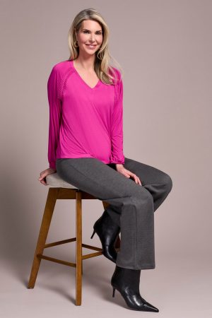 Pleat-Accent Long-Sleeve V-Neck Top-Pink flambe