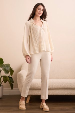 Pleated Ruffle Notch Collar Novelty Blouse-Moonstone