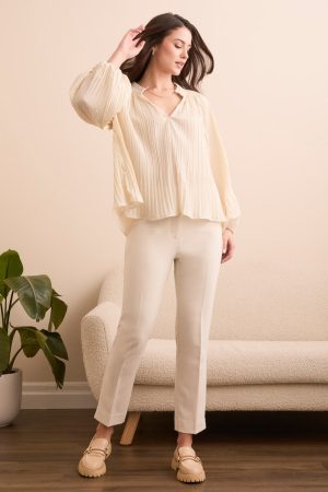 Pleated Ruffle Notch Collar Novelty Blouse-Moonstone