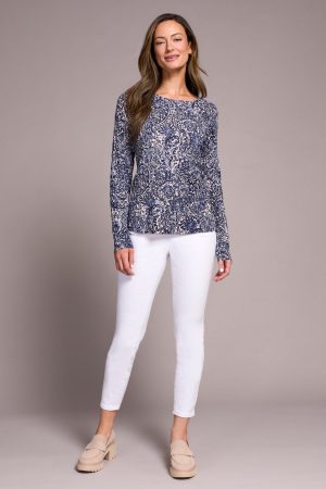 Printed Cable Cotton Crew Neck Sweater-Sapphire
