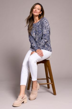 Printed Cable Cotton Crew Neck Sweater-Sapphire