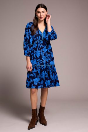 Printed Jacquard Embroidered V-Neck Dress-Nightfall