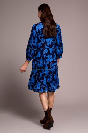 Printed Jacquard Embroidered V-Neck Dress-Nightfall