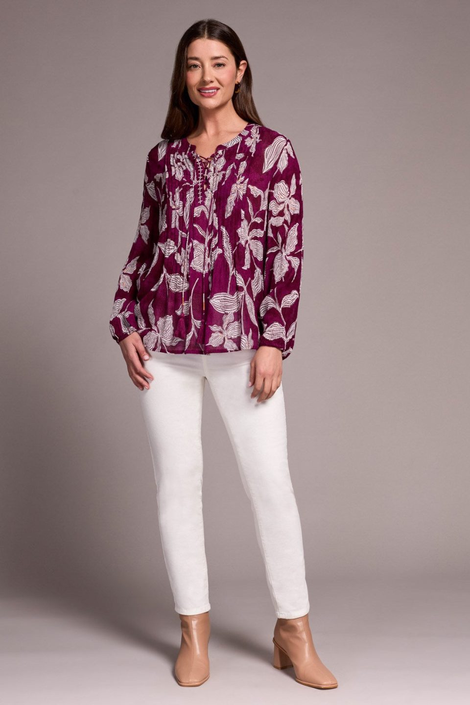 Printed Jacquard Pintuck-Front Blouse-Plumwine