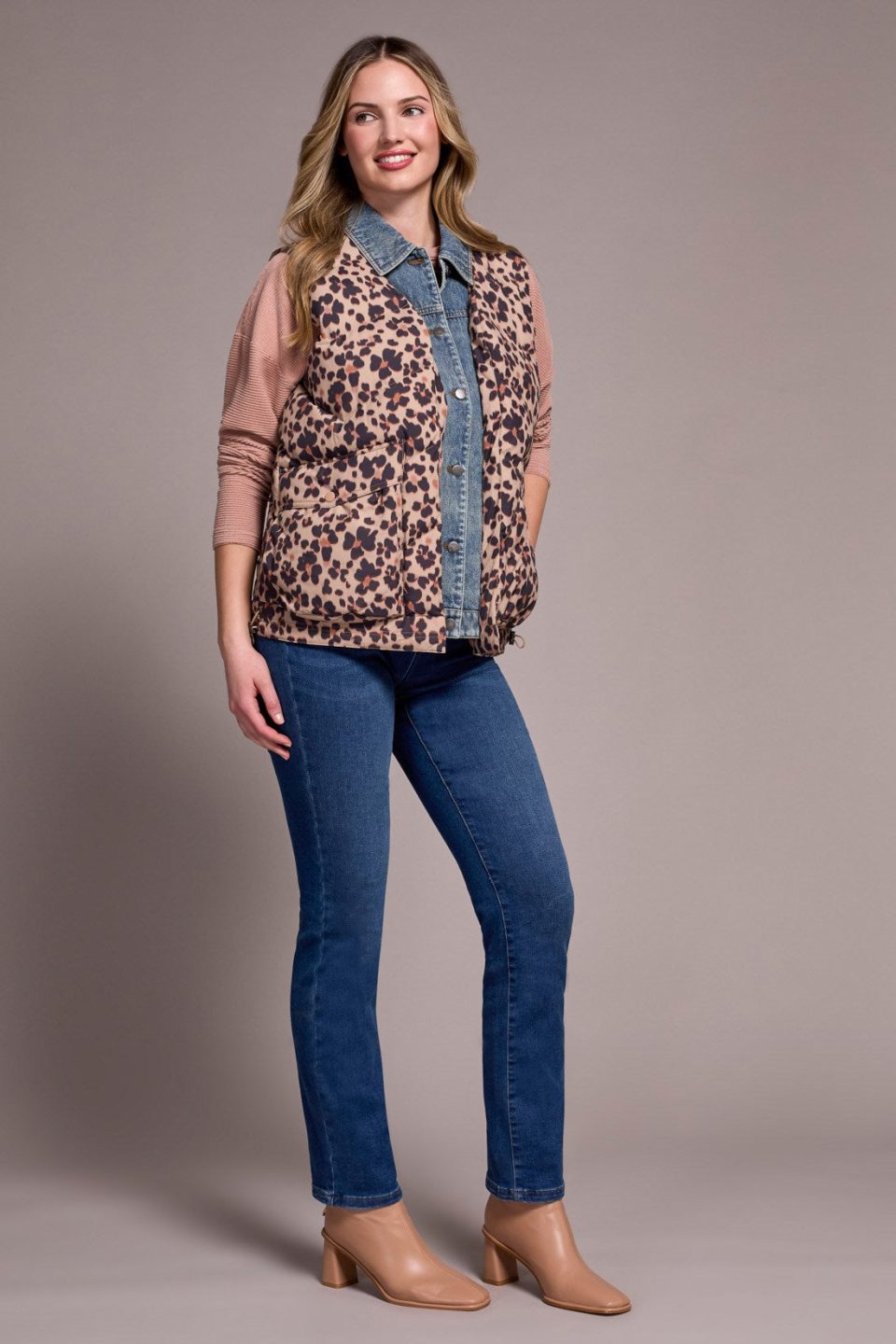 Printed Leopard Shell Fooler Puffer Denim Vest-Biscotti