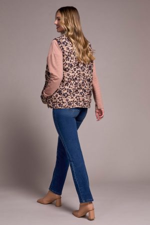 Printed Leopard Shell Fooler Puffer Denim Vest-Biscotti