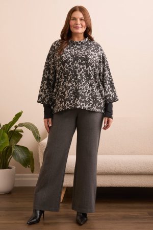 Printed Long-Sleeve Combo Mock Neck Jacquard Top-Black