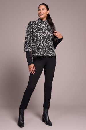 Printed Combo Sleeve Mock Neck Jacquard Top-Black