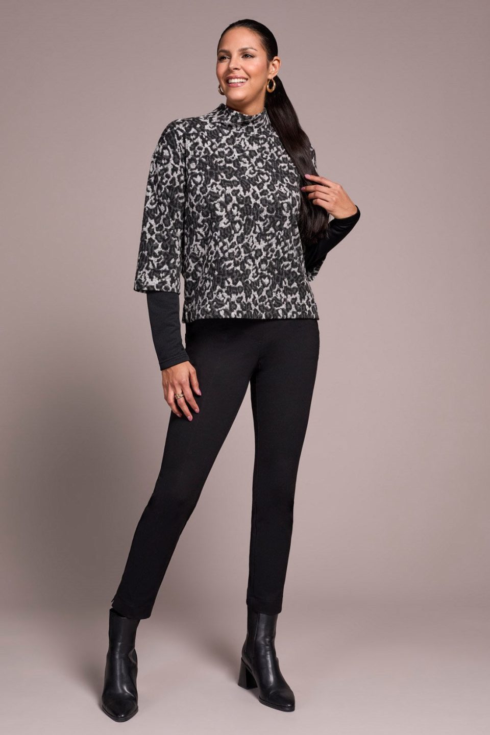 Printed Combo Sleeve Mock Neck Jacquard Top-Black