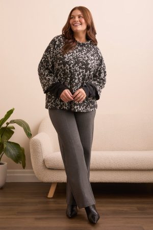 Printed Long-Sleeve Combo Mock Neck Jacquard Top-Black