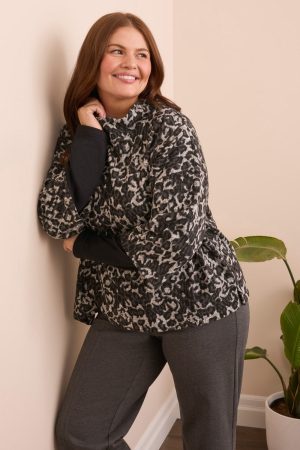 Printed Long-Sleeve Combo Mock Neck Jacquard Top-Black