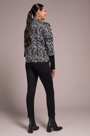 Printed Combo Sleeve Mock Neck Jacquard Top-Black