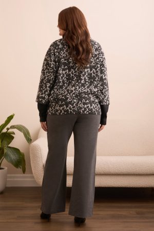 Printed Long-Sleeve Combo Mock Neck Jacquard Top-Black