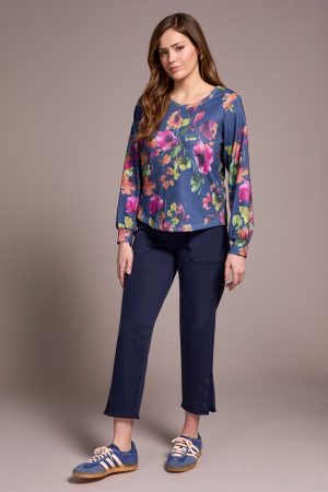 Printed Long Sleeve Crew Neck Knit Top-Marine