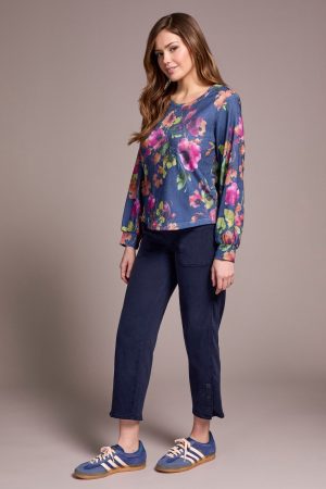 Printed Long Sleeve Crew Neck Knit Top-Marine
