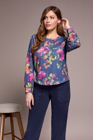 Printed Long Sleeve Crew Neck Knit Top-Marine