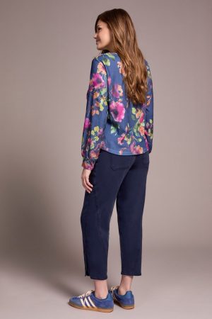 Printed Long Sleeve Crew Neck Knit Top-Marine