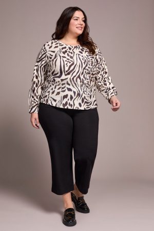 Printed Long Sleeve Crew Neck Knit Top-Walnut