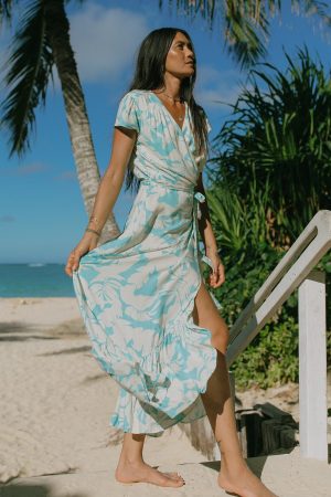 Molokai Maxi Wrap Dress with Flutter Sleeves-Molokai