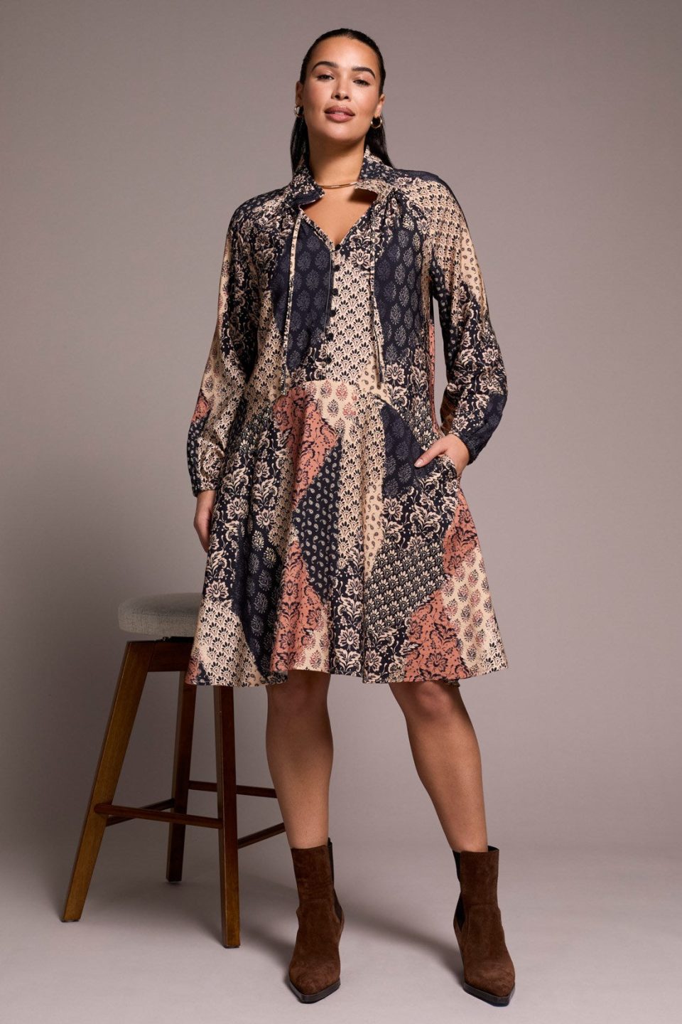 Printed Patchwork Raglan 3/4 Sleeve Notch Neck Dress-Almondlatte