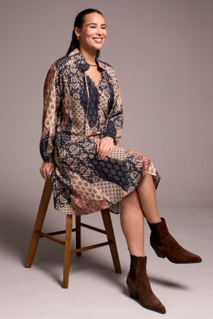Printed Patchwork Raglan 3/4 Sleeve Notch Neck Dress-Almondlatte