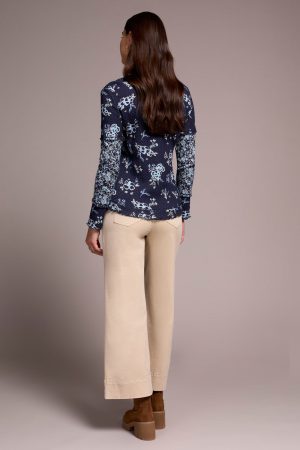 Printed Pointelle Scoop Neck Knit Top-Sapphire