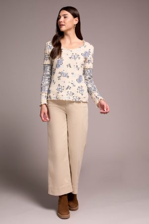 Printed Pointelle Scoop Neck Knit Top-Slateblue