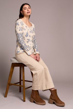 Printed Pointelle Scoop Neck Knit Top-Slateblue