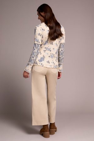 Printed Pointelle Scoop Neck Knit Top-Slateblue