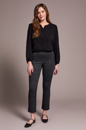 Printed Ponte Pull-On Wide Leg Ankle Pants-Black