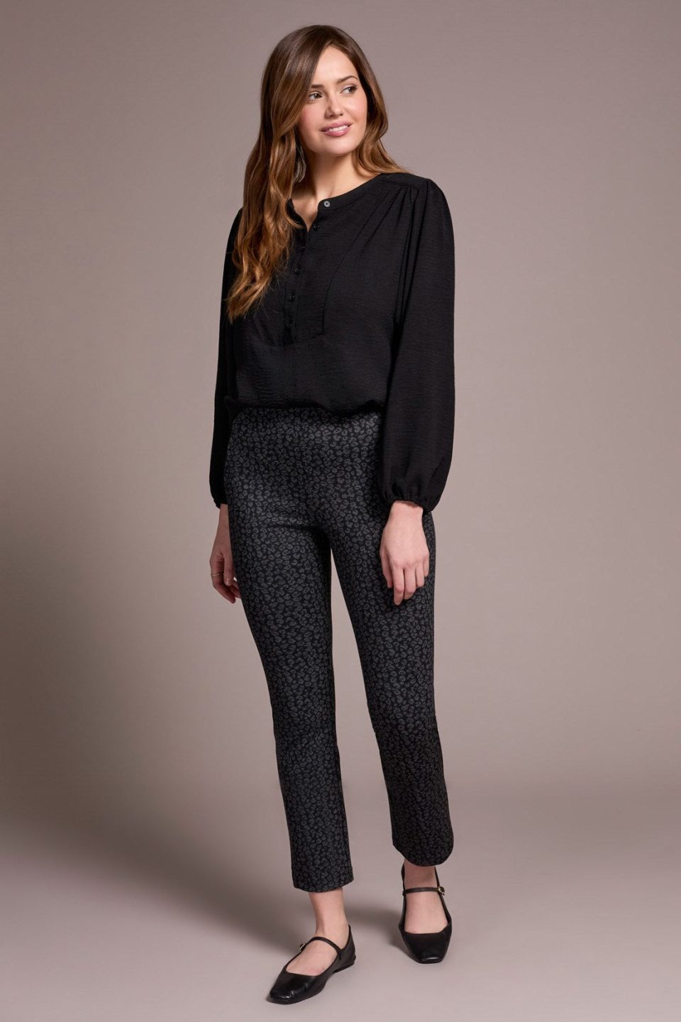 Printed Ponte Pull-On Wide Leg Ankle Pants-Black