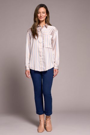 Printed Satin Collared Shirt-Beige