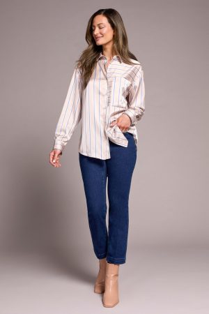 Printed Satin Collared Shirt-Beige