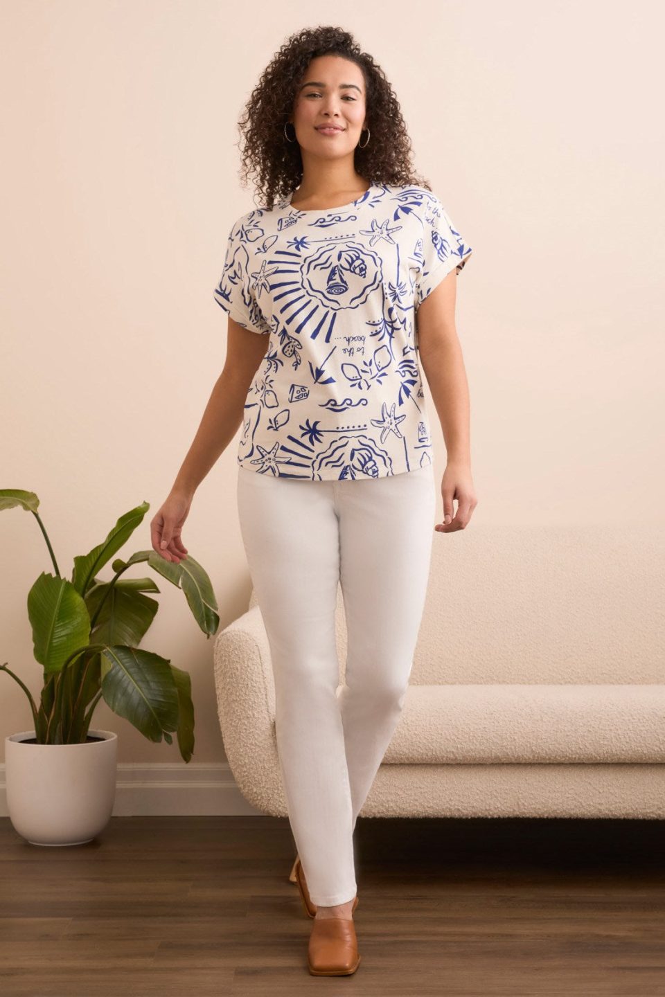 Printed Soft Touch Cap Sleeve Crew Neck T-Shirt-Blueberry