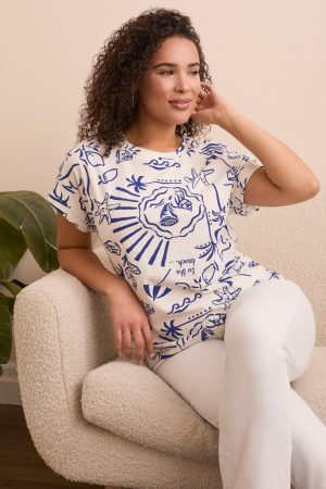 Printed Soft Touch Cap Sleeve Crew Neck T-Shirt-Blueberry