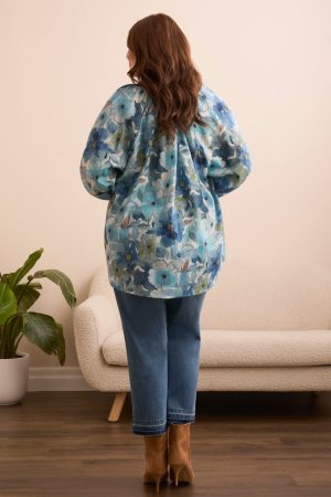 Printed Textured Cotton Smocked Notched Neck Blouse-Slateblue