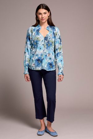 Printed Textured Cotton Smocked V-Neck Blouse-Slateblue