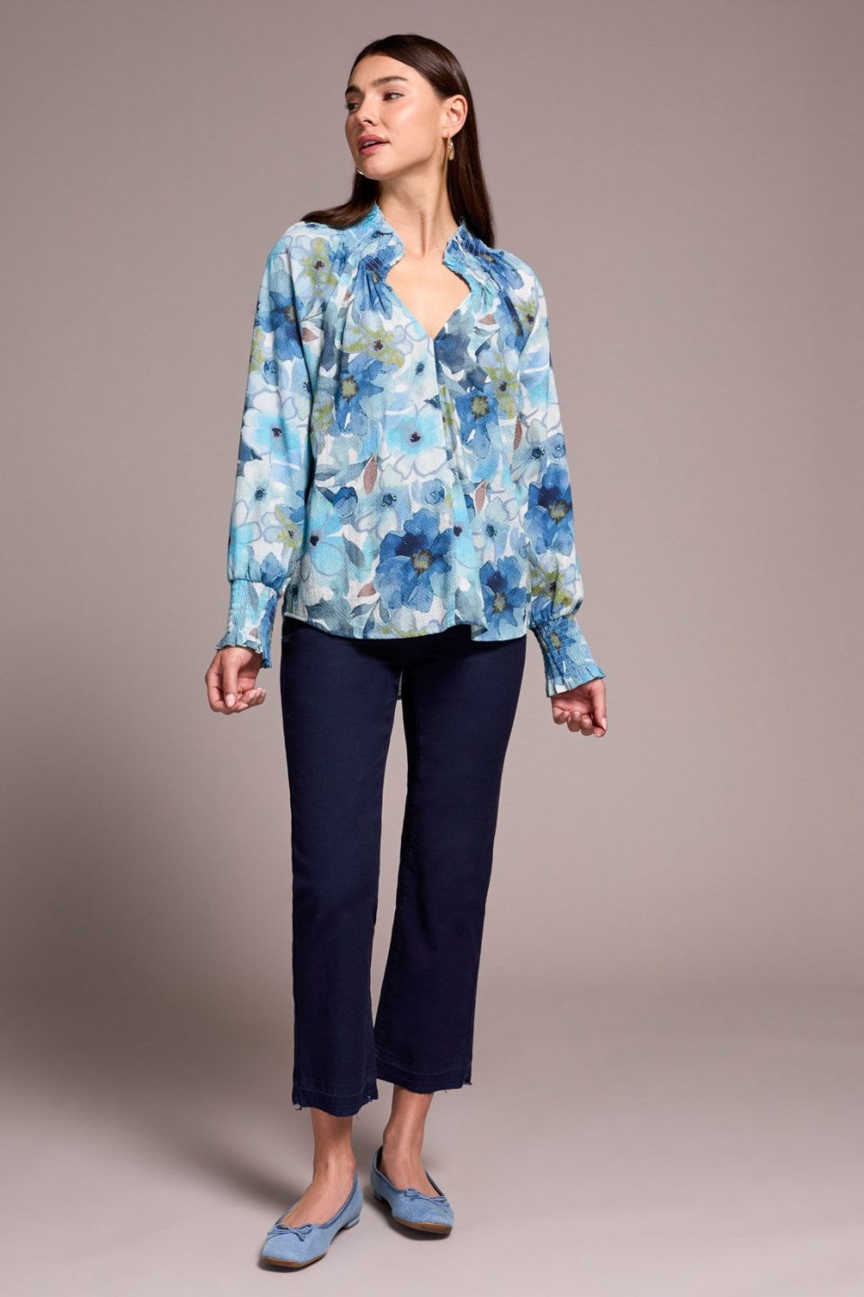 Printed Textured Cotton Smocked V-Neck Blouse-Slateblue