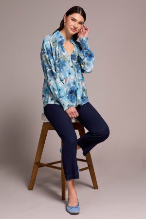 Printed Textured Cotton Smocked V-Neck Blouse-Slateblue
