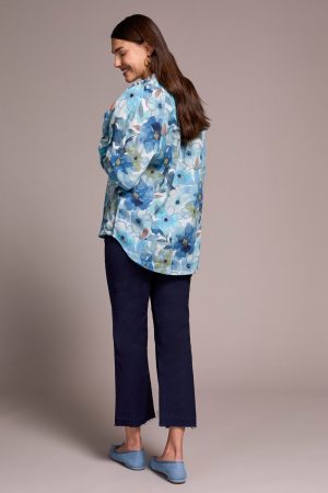 Printed Textured Cotton Smocked V-Neck Blouse-Slateblue